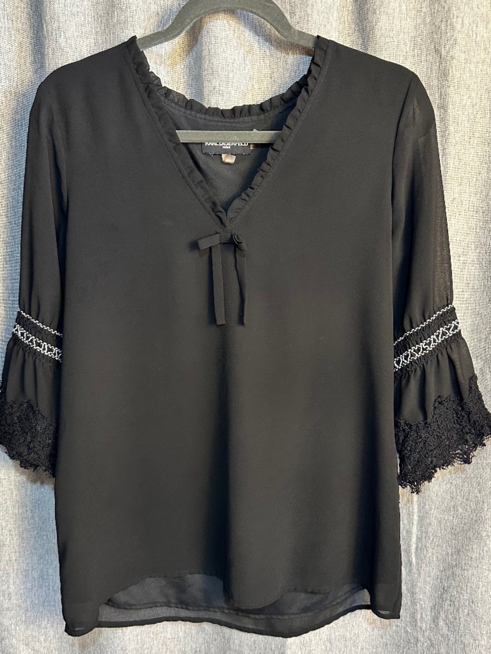 Karl Lagerfeld Paris Black Chiffon Bell Sleeve V-Neck Lace Trim Blouse - Women's